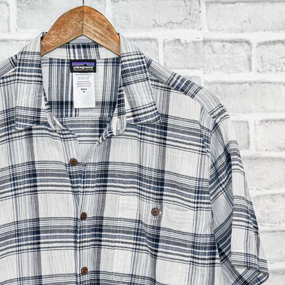 Patagonia Men's Organic cotton short sleeve button up shirt crinkle plaid sz M - Picture 3 of 6
